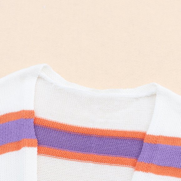 Ivory Lavender Striped Long Sleeve Ribbed Trim Button Cardigan Pastel Sweater - Picture 5 of 11